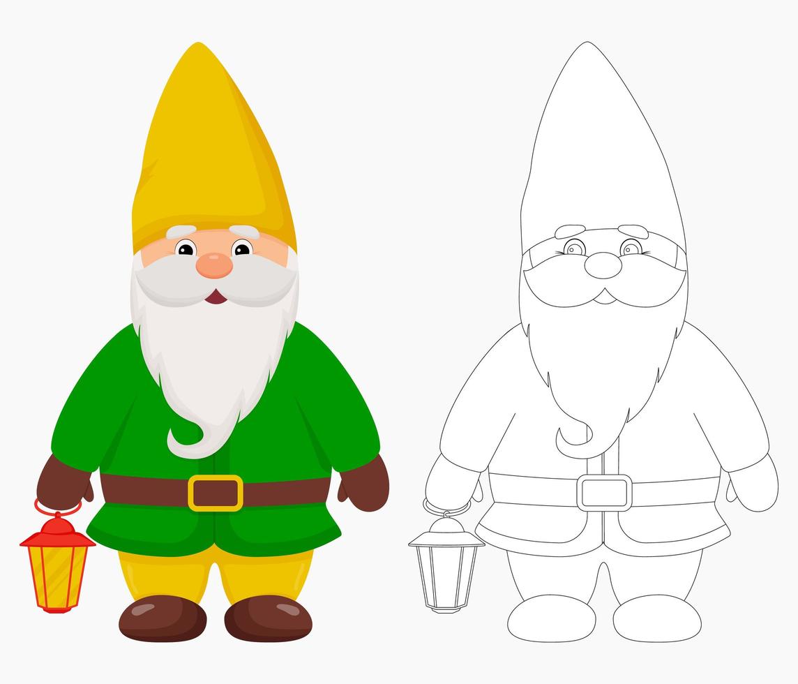 Cute garden gnome with a lantern in his hands. Gnome in color and outline. vector