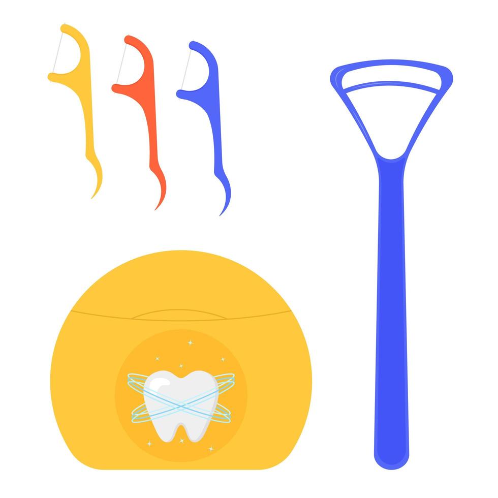 conjunto de diferentes tipos de hilo dental. recipiente de plástico con rosca para diente. herramientas dentales vector