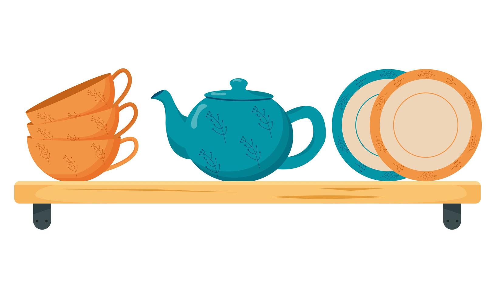Set ceramic kitchenware. Cute handmade ceramic plates, mugs, sugar bowl, teapots, dishes. Kitchen tools, pottery. Flat vector illustration
