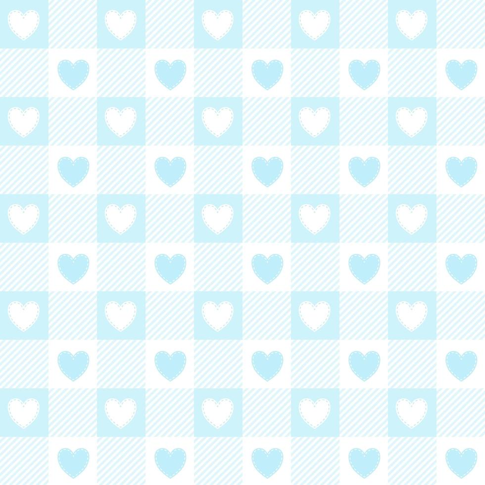 Valentines day gingham seamless pattern. Blue vichy checkered background with hearts. Vector. vector