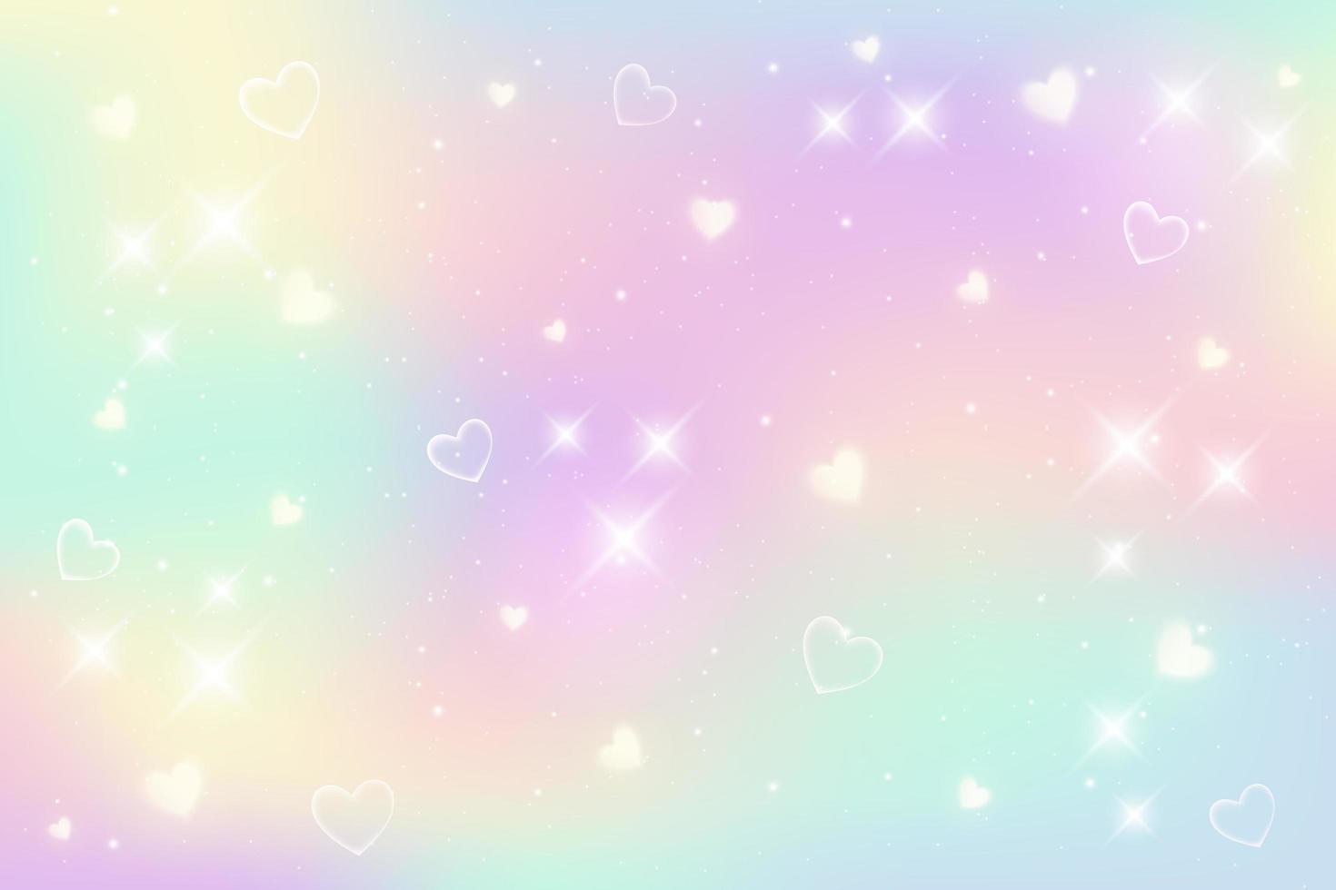 Fondo de fantasía de arco iris. Ilustración holográfica en colores pastel. Fondo femenino de dibujos animados lindo. cielo multicolor brillante con bokeh y corazones. vector. vector