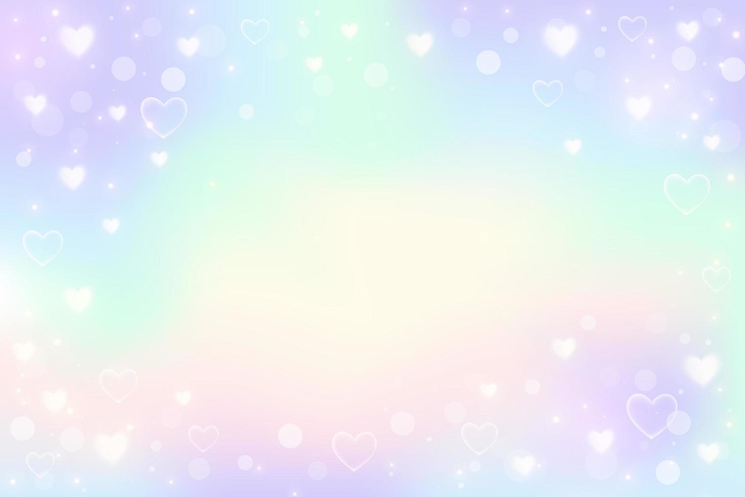 Rainbow fantasy background. Holographic illustration in pastel colors. Cute cartoon girly background. Bright multicolored sky with bokeh and hearts. Vector. vector