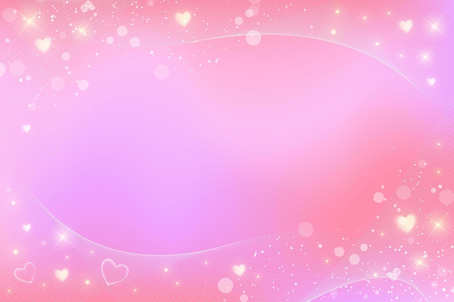 Cute cartoon girly background. Pink frame with bokeh and hearts for Valentine day decoration. Fantasy background. Illustration in pastel colors. Vector. vector