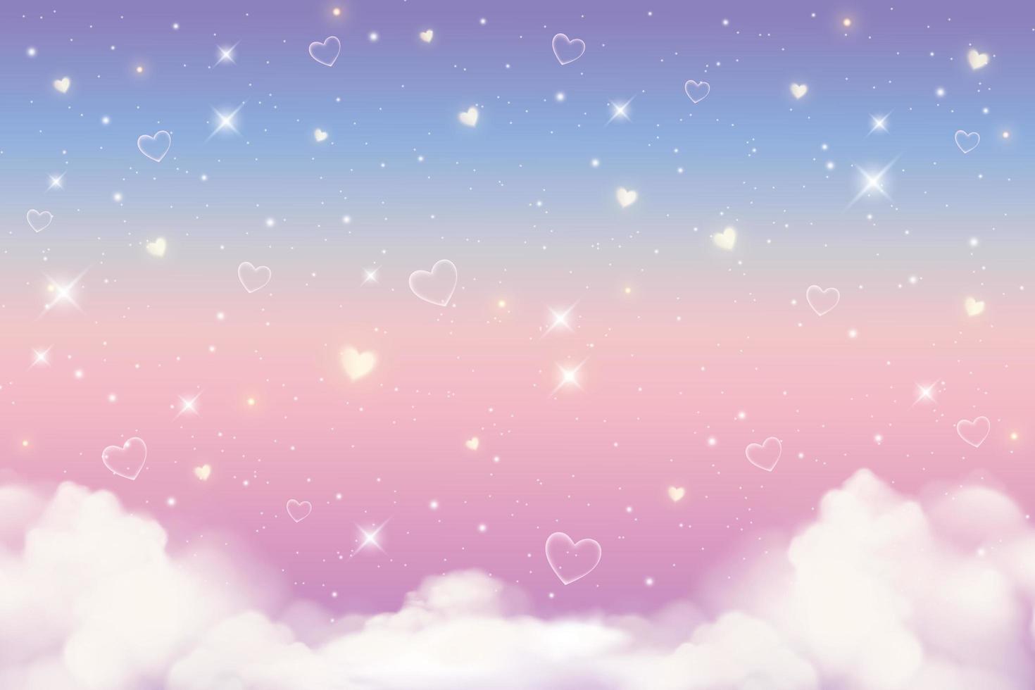 Holographic fantasy rainbow unicorn background with clouds, hearts and stars. Pastel color sky. Magical landscape, abstract fabulous pattern. Cute candy wallpaper. Vector