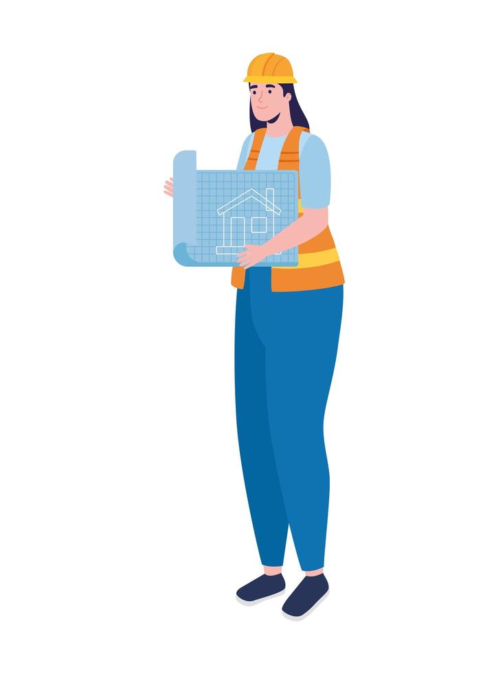 engineer female with blueprint vector