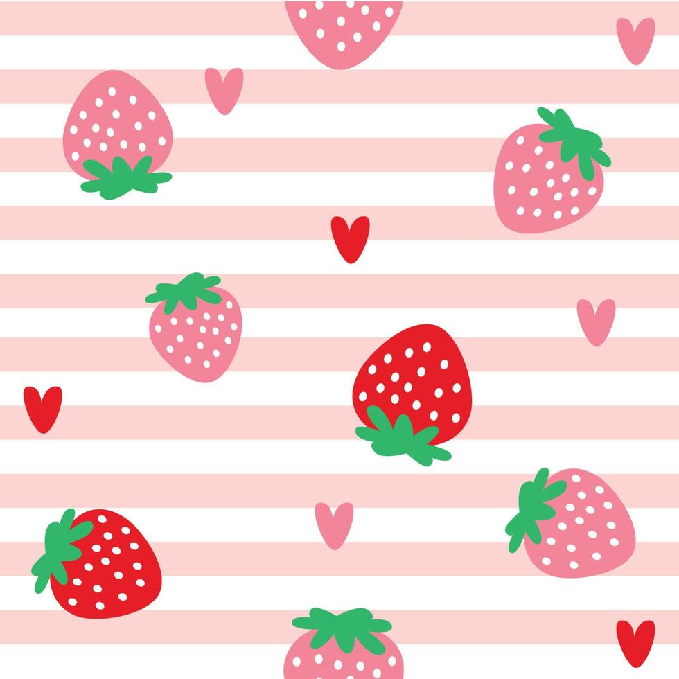 diseño de patrón de dibujos animados de fresa roja y rosa. fondo de tira rosa dulce. moda de patrón lindo sin costuras, fruta de fresa vibrante colorida fresca y jugosa en verano. diseño vectorial para la moda. vector