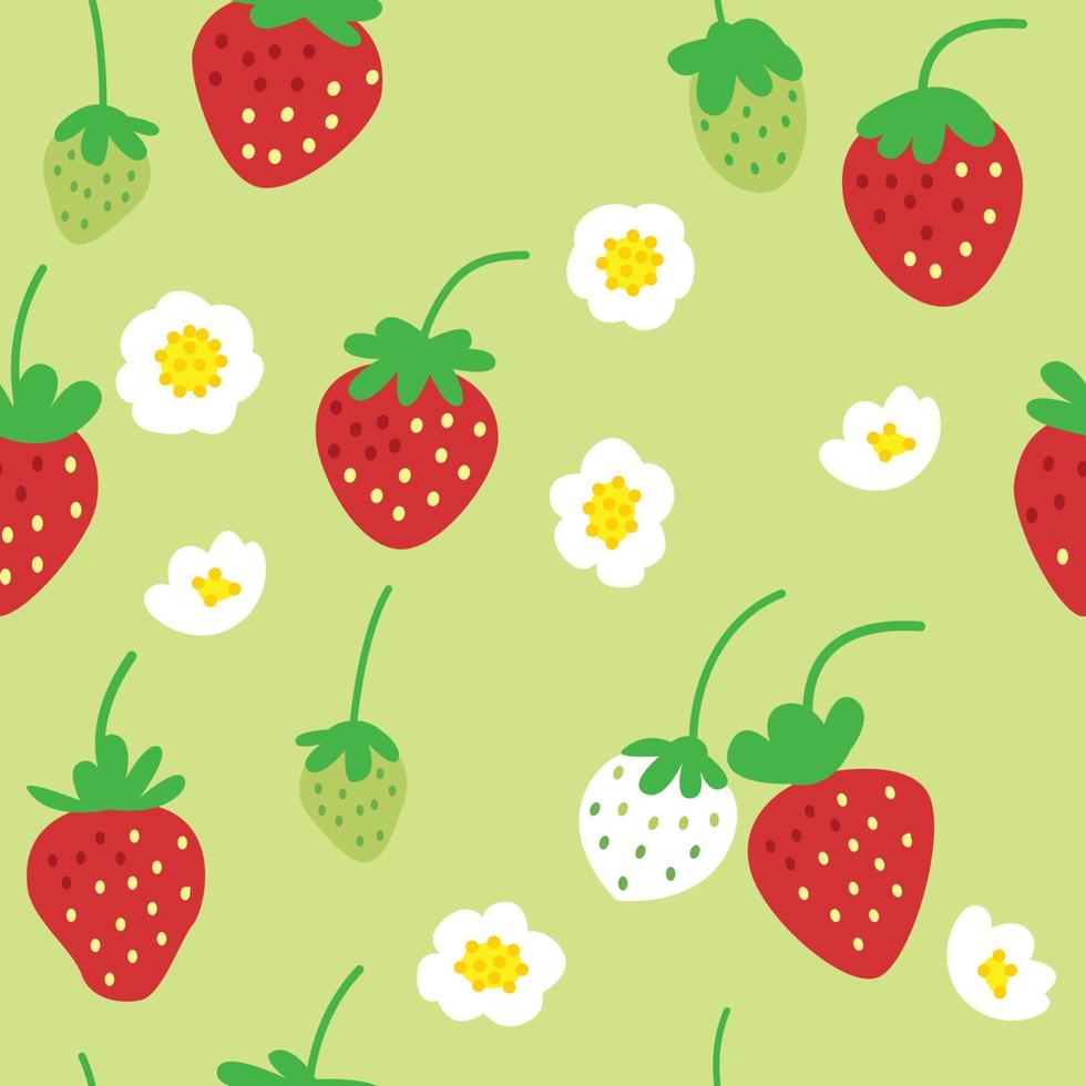 strawberry white flower cartoons pattern design. green background. The seamless cute pattern in a girl or baby fashion, Fresh and juicy colorful strawberry fruit in summer. Vector design for fashion.