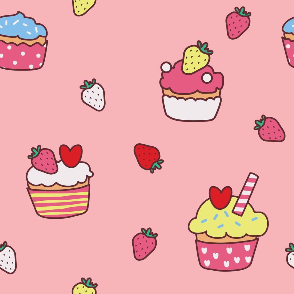 diseño de patrón de dibujos animados de cupcake de fresa. fondo rosa dulce. el patrón vibrante lindo sin costuras en una moda de niña o bebé, fruta de fresa colorida fresca y jugosa en ilustración de verano.vector vector