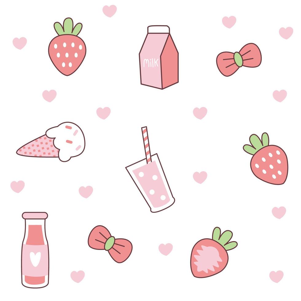strawberry, milk, ice cream, ribbon cartoons pattern design. white background. The seamless cute pattern in a girl or baby fashion, Fresh colorful strawberry fruit in summer.Vector design for fashion. vector