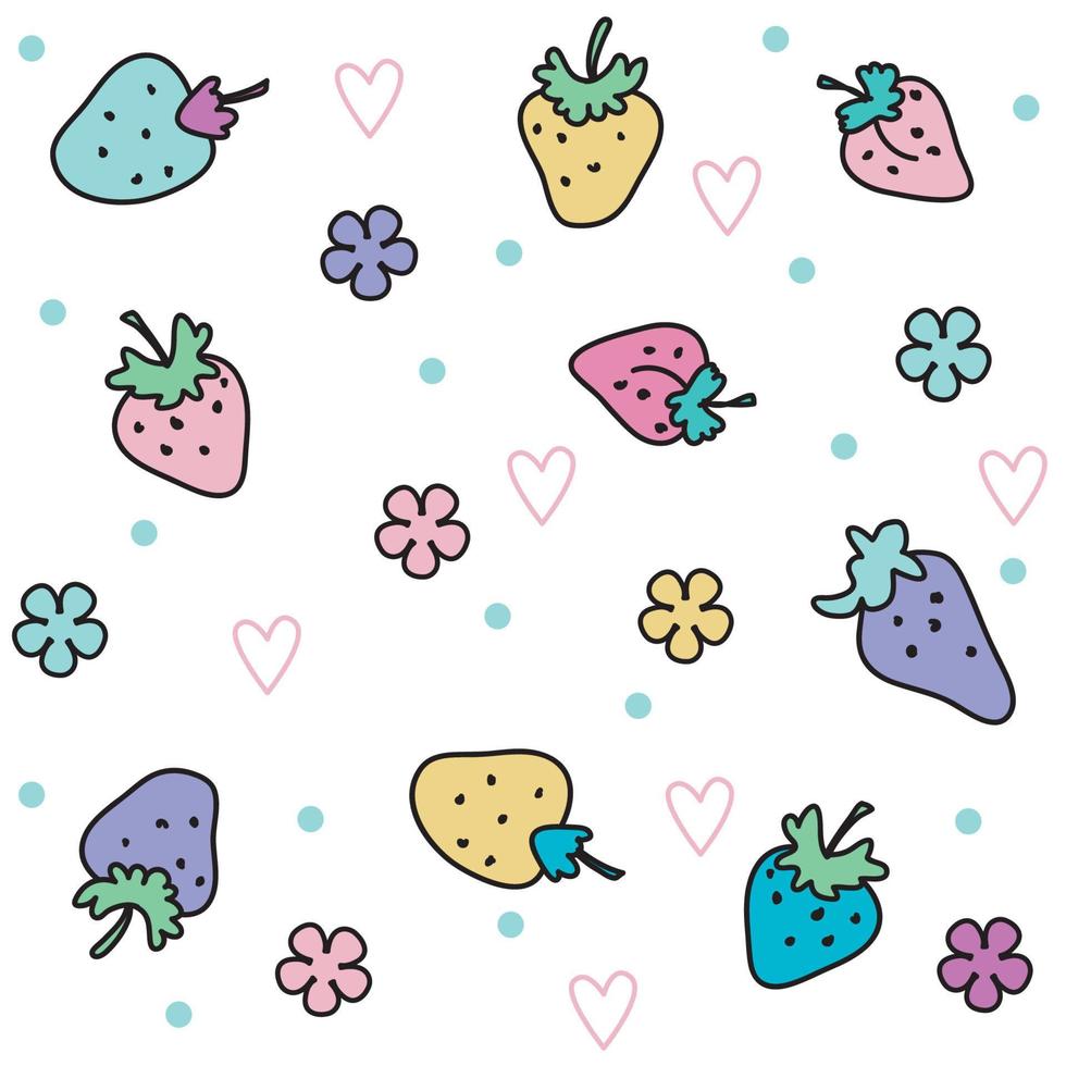 strawberry white flower cartoons pattern design. white background. The seamless cute pattern in a girl or baby fashion, Fresh and juicy colorful strawberry fruit in summer. Vector design for fashion.