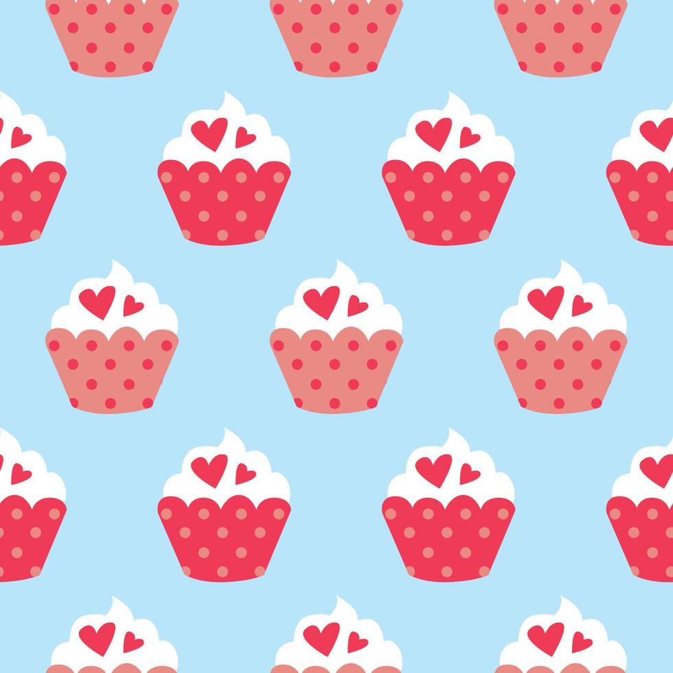 Bakery Cupcakes style vector seamless pattern. Pink and white cake on blue background. sweet cartoon elements decorative cute. graphic of hand drawn illustration for print, wallpaper, textile.