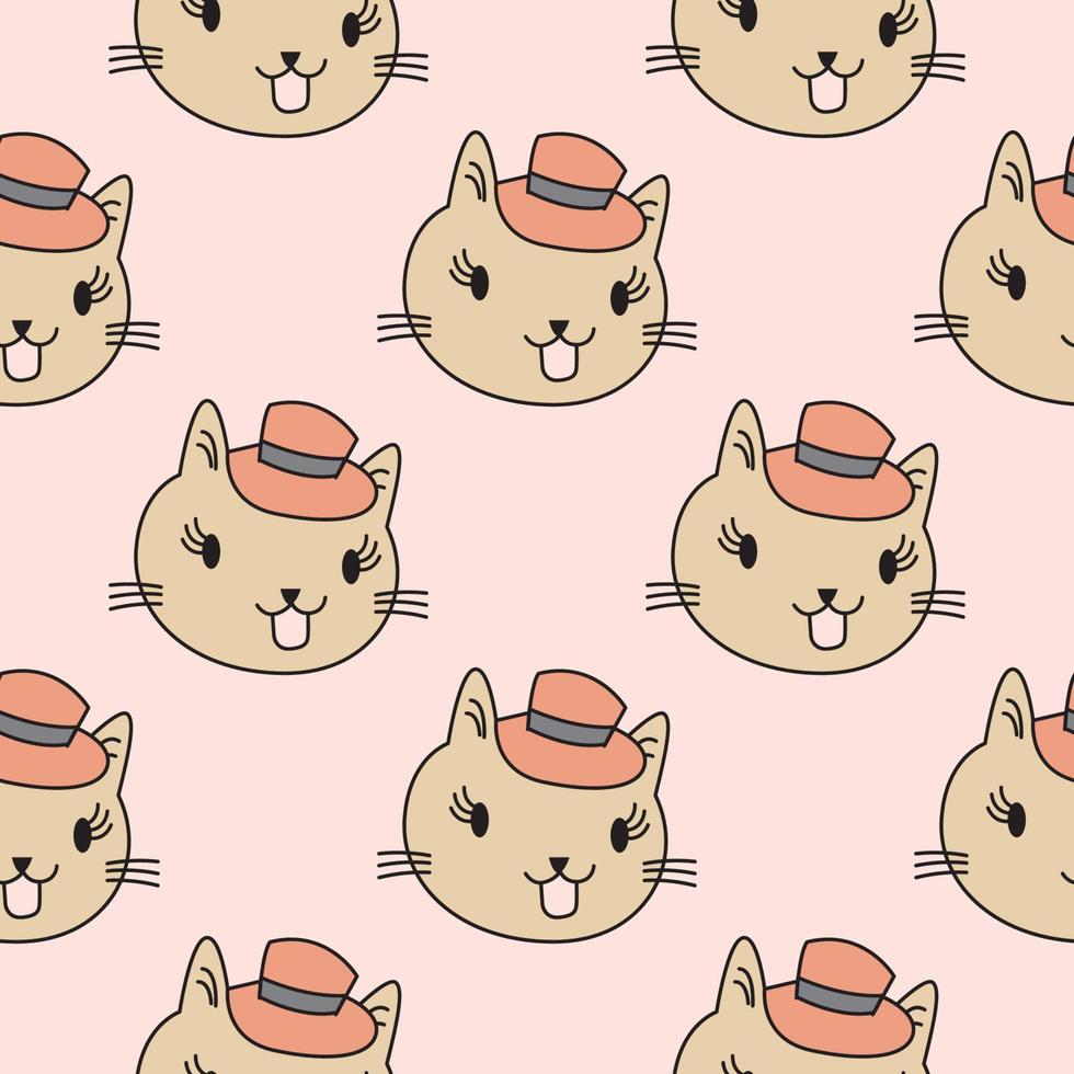 patrón de dibujos animados lindo gato. gato blanco con un sombrero sobre un fondo beige y rosa. el patrón lindo sin costuras en una niña, niño, garabato de gato aislado de moda de bebé. diseño vectorial para moda, fondo. vector