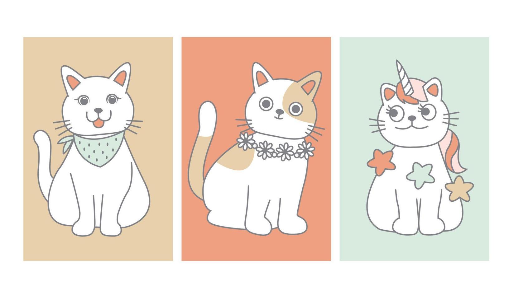 personaje de dibujos animados lindo gato. gatos blancos sobre fondo pastel. el gato es un unicornio. con un collar de flores y una bufanda. diseño para tarjetas de felicitación, decoraciones, ilustraciones, camisetas. vector