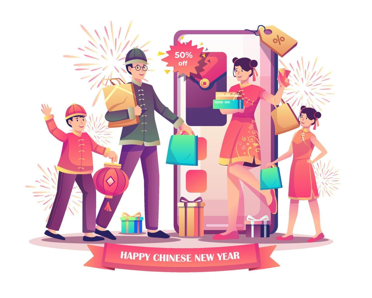 concepto de compras de año nuevo chino con familia asiática feliz sosteniendo bolsas de compras y regalos cerca de un gran teléfono inteligente en ilustración de vector de estilo plano