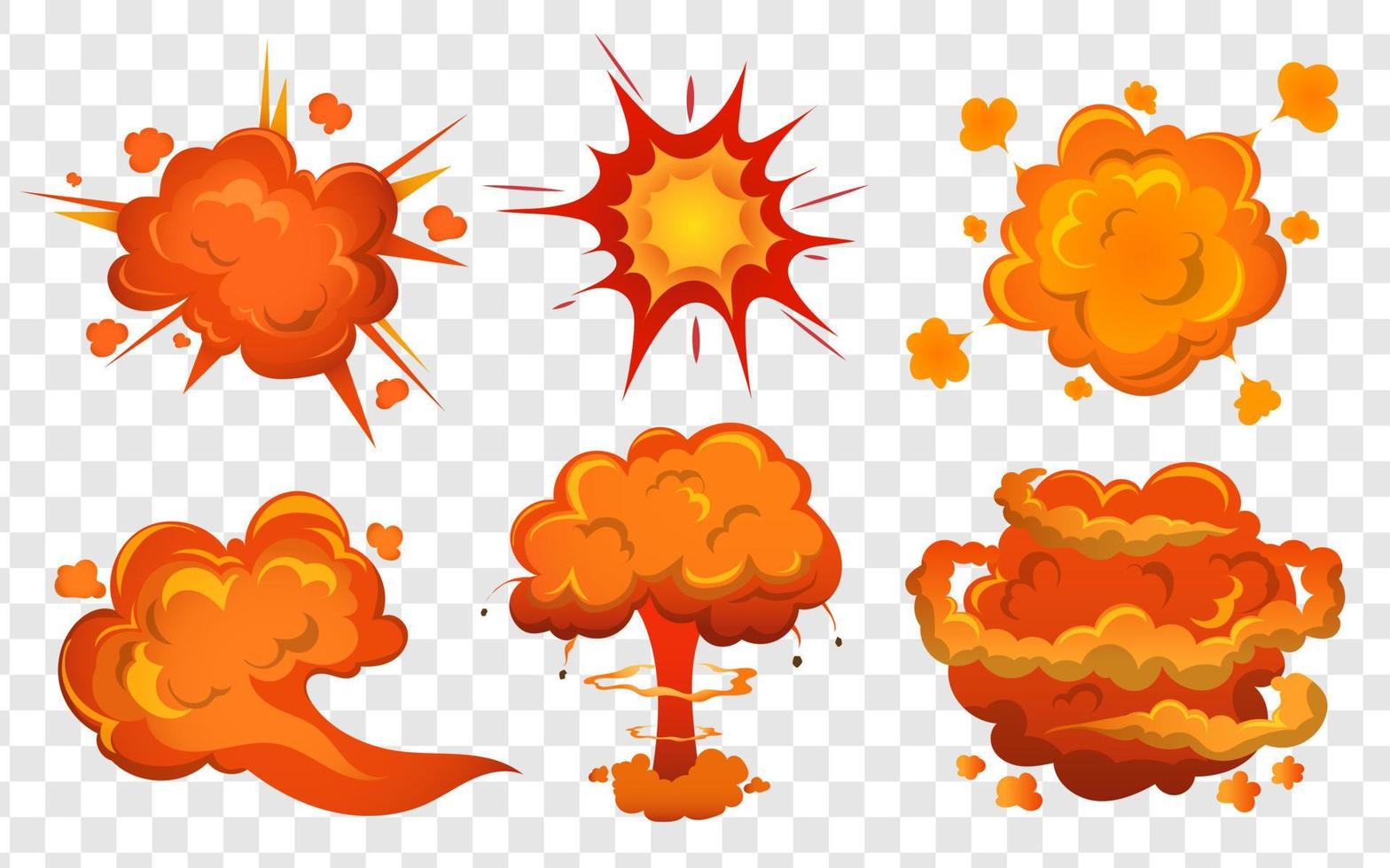 explosión de bomba y explosión de fuego. conjunto de dibujos animados de explosiones de bombas. vector