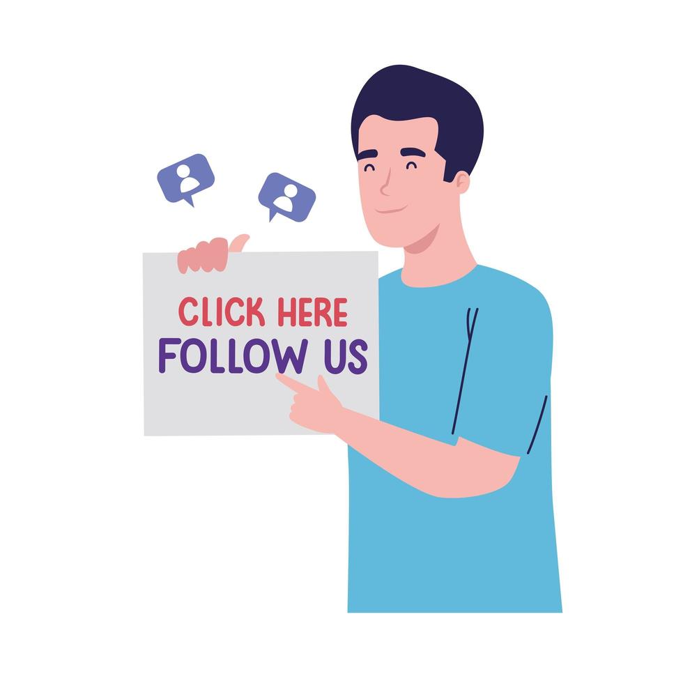 man lifting follow us label vector