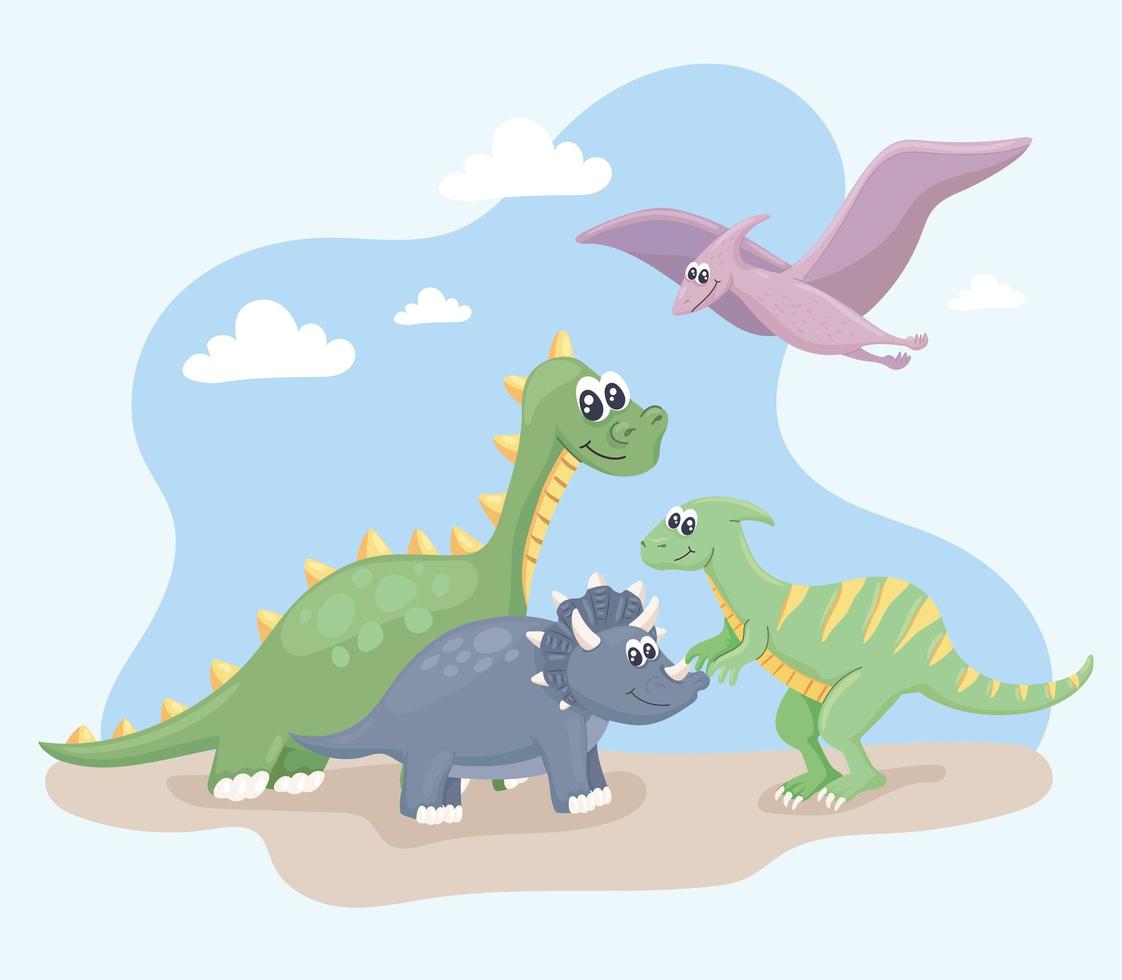 escena de cuatro dinosaurios vector