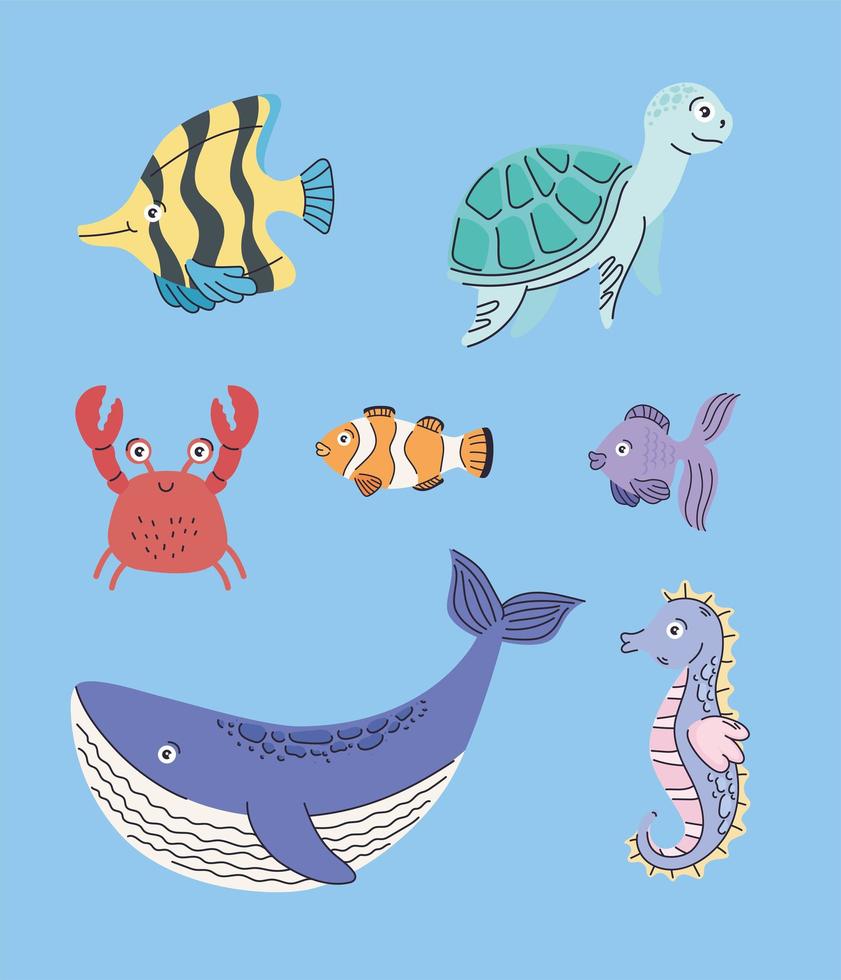 siete lindos animales marinos vector