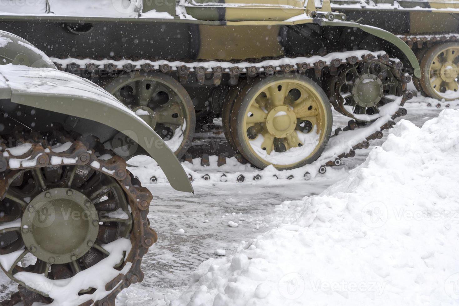 Crawler wheels of an old tank in the city Museum. photo