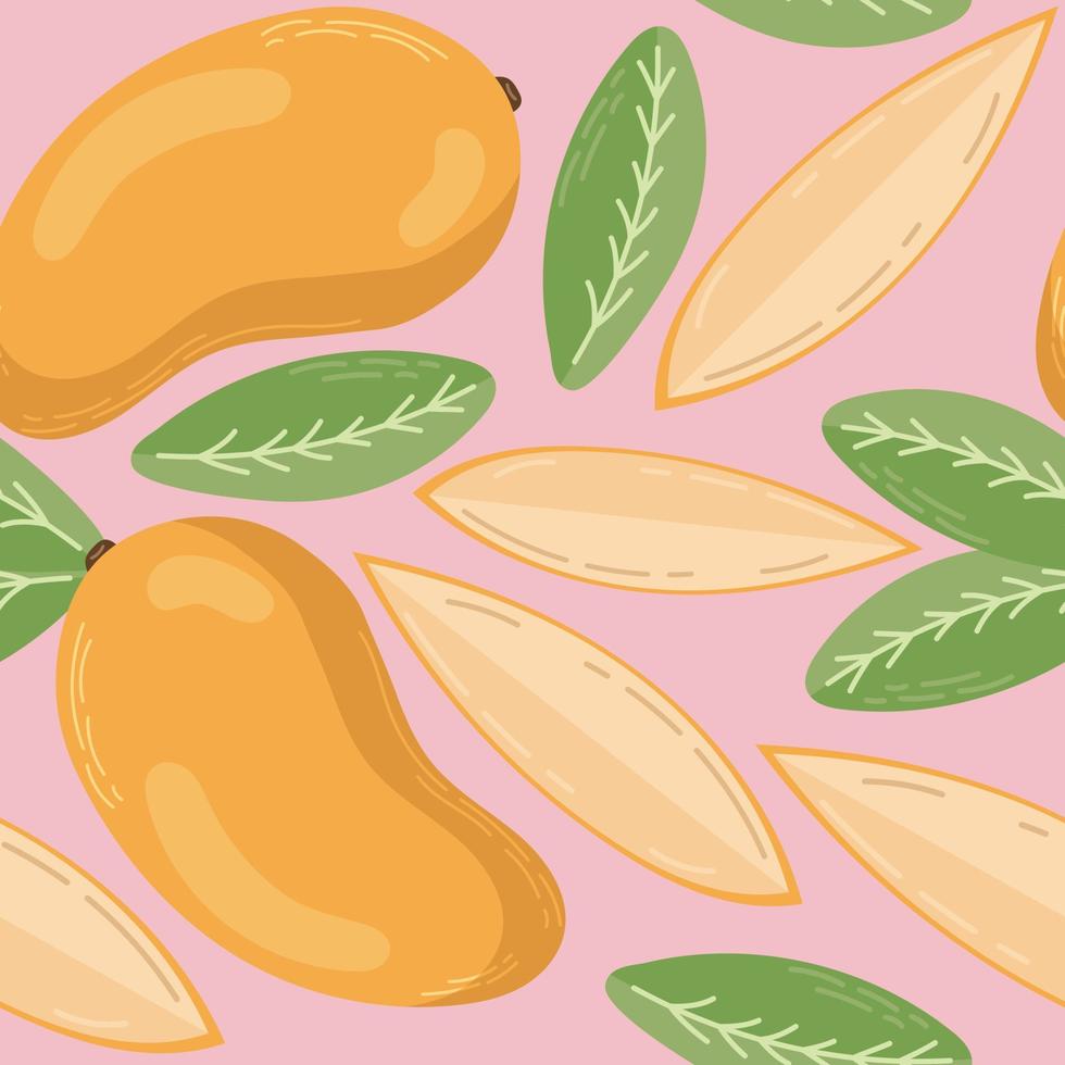 Fruit seamless pattern for textile products, mango pieces and leaves in a flat style vector