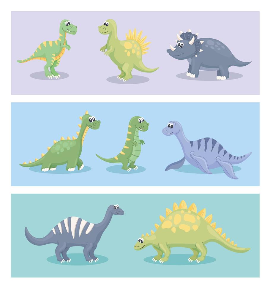 ocho lindos iconos de dinosaurios vector