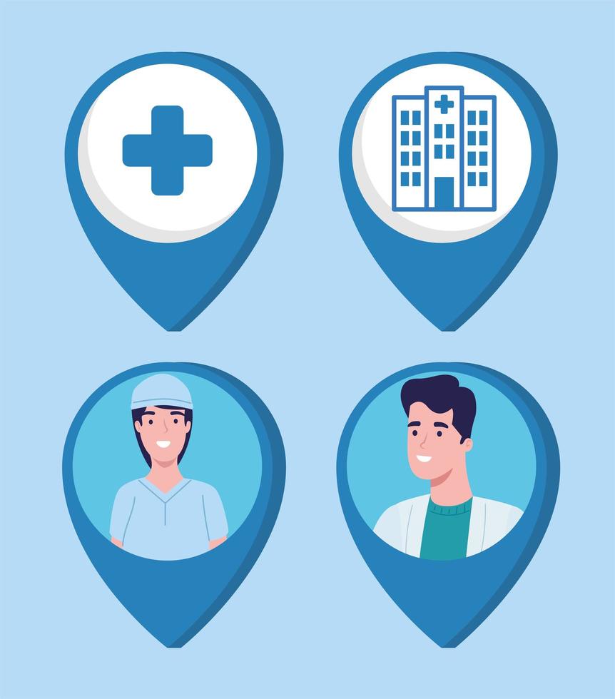 hospital mapa cuatro iconos vector