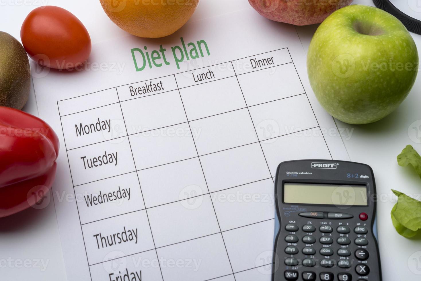 Diet plan sheet and fresh food on white background. photo