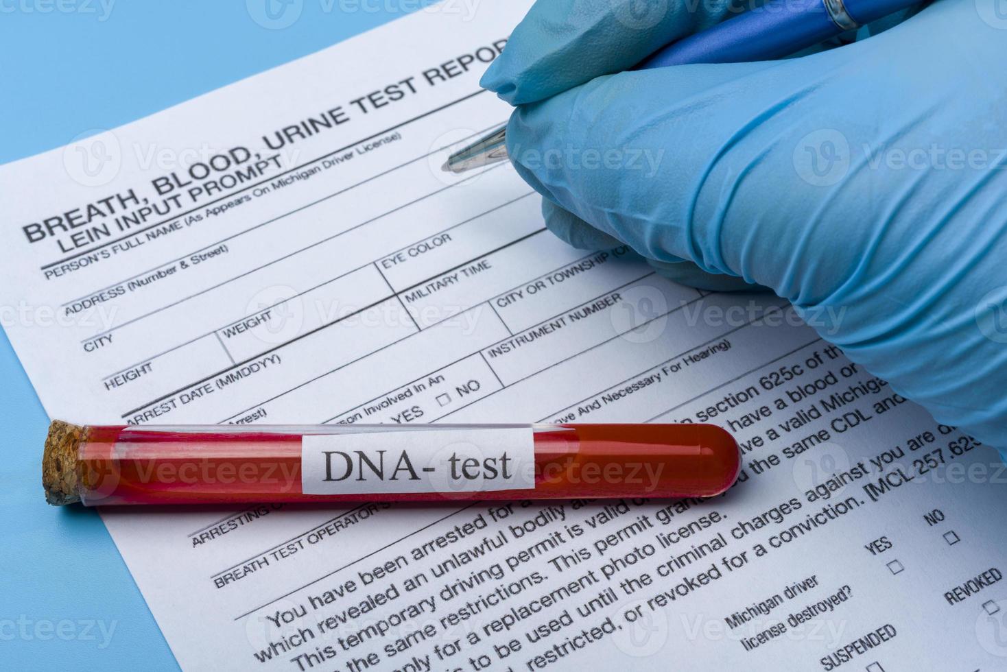 DNA molecule forming inside the vial in for blood analysis.3D rendering, conceptual images. photo