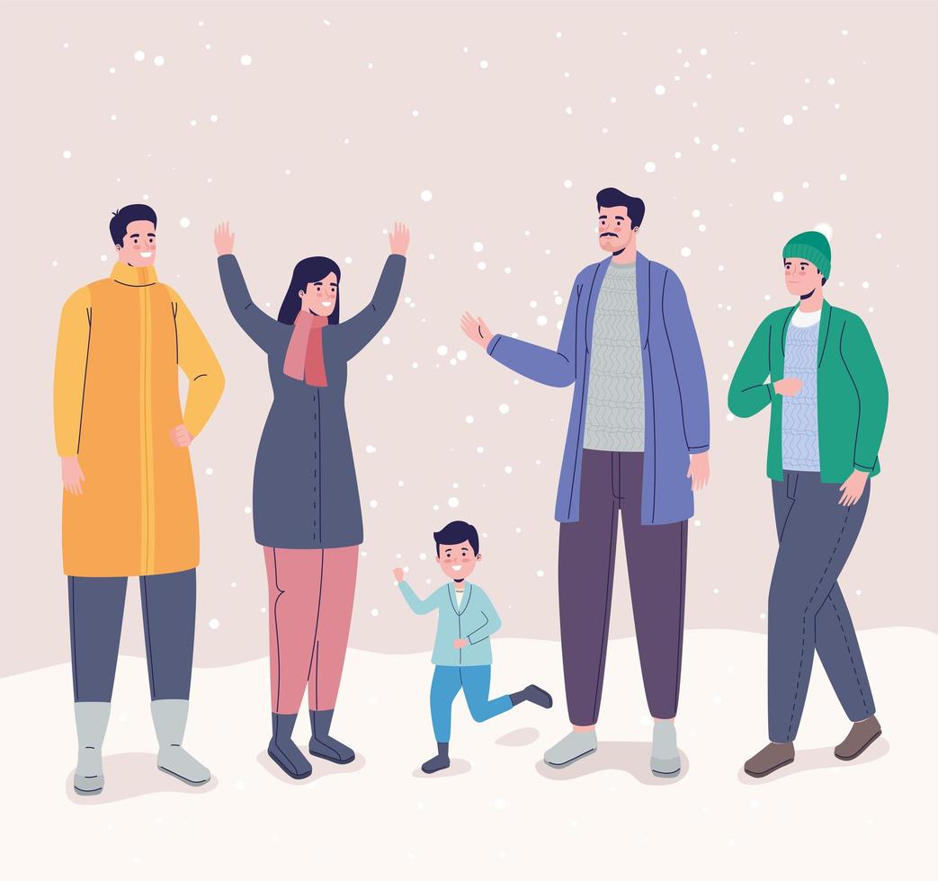 people using winter clothes vector