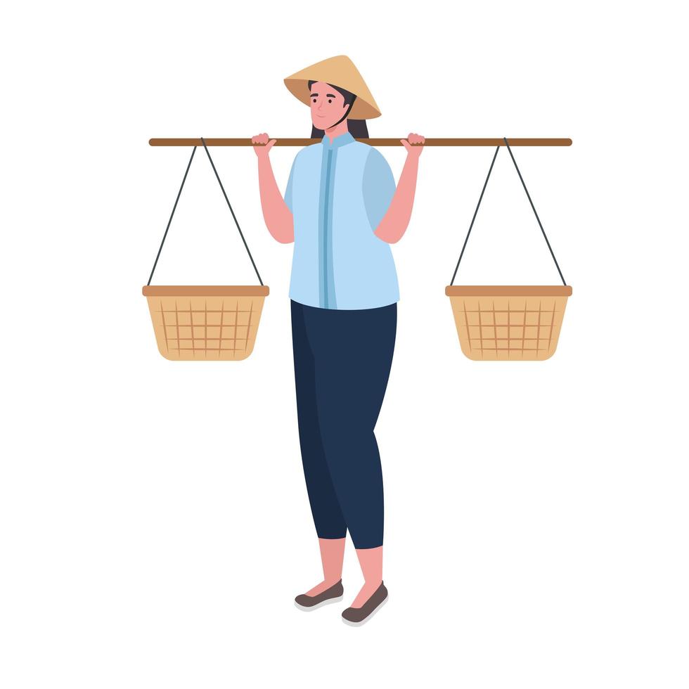 woman vietnamese carrying on shoulders baskets vector