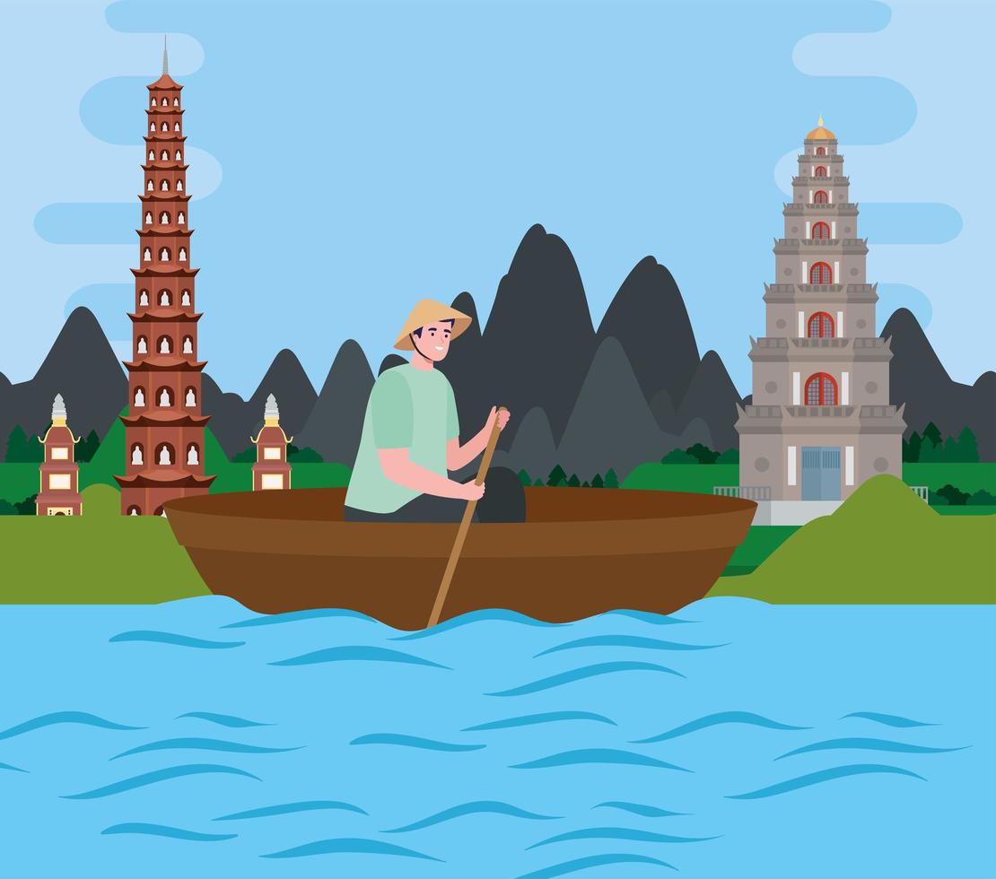 man vietnamese in boat vector