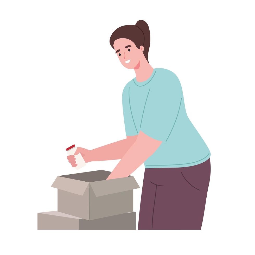 woman opening box with bottles vector