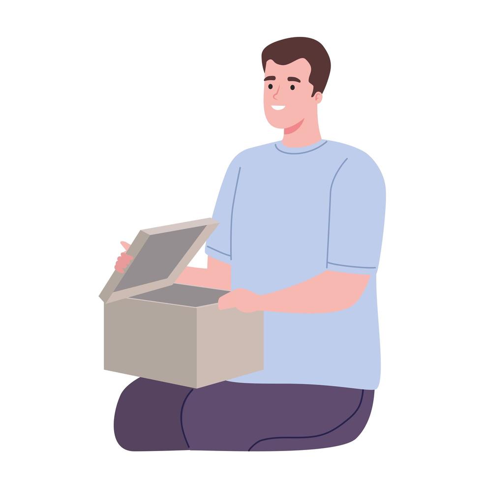 unboxing, man sitting opening box vector