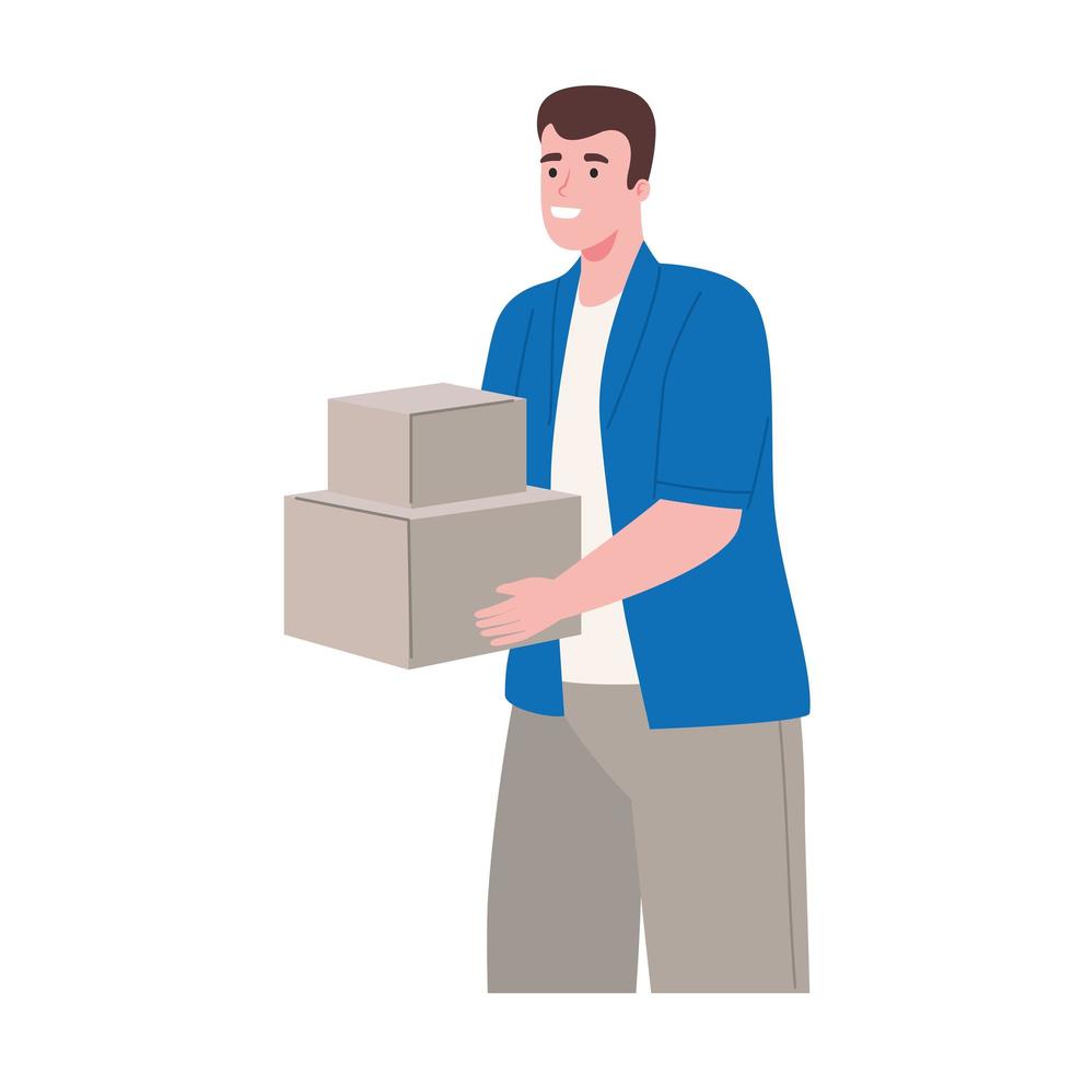 unboxing, man holding boxes vector