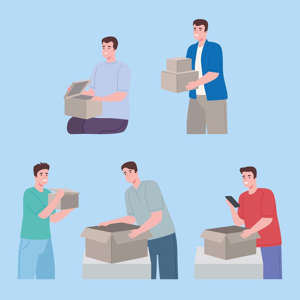 unboxing, men opening boxes vector