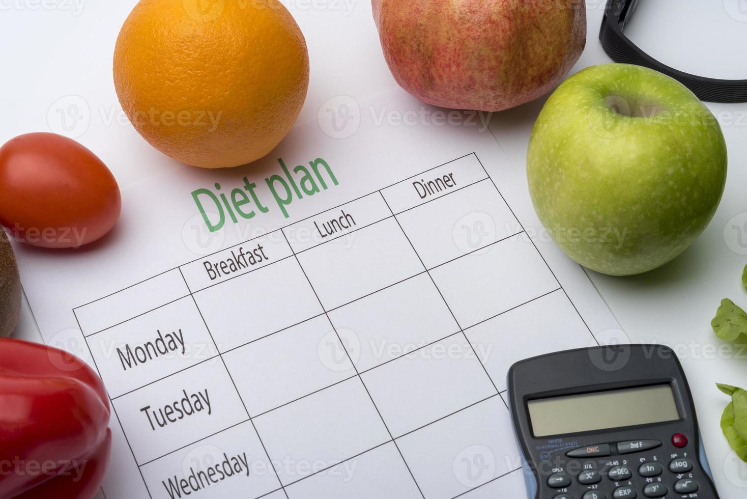 Diet plan sheet and fresh food on white background. photo