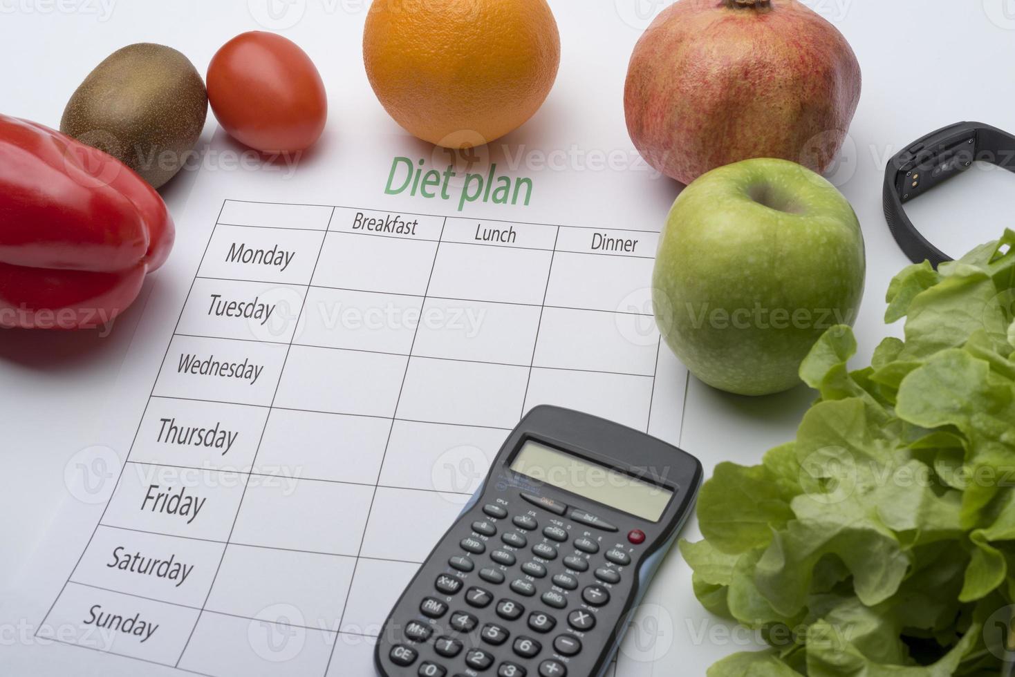 Diet plan sheet and fresh food on white background. photo