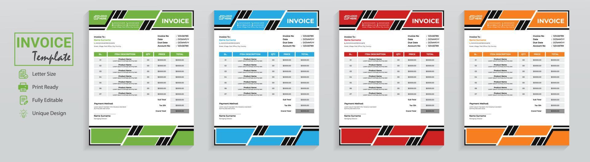 Modern Invoice Template. White background editable text invoice templates vector design table for bill form, sale receipt. This accounting print document has clean minimal look with 4 color variations
