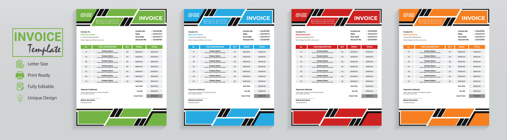 modern invoice template white background editable text invoice templates vector design table for bill form sale receipt this accounting print document has clean minimal look with 4 color variations 5263481 vector art