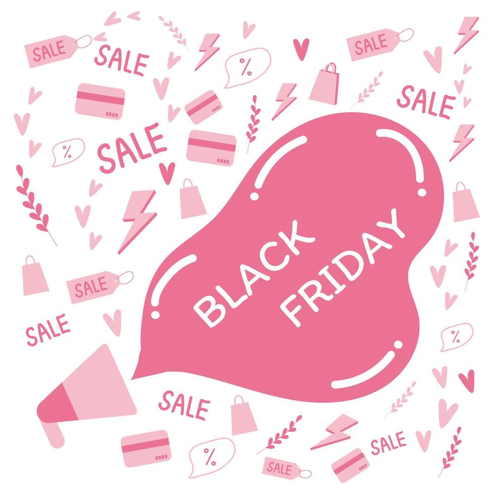 Black Friday concept. Pink doodles elements of shopping and the black Friday speech bubble. For advertising, borders, banners, design. Online shopping. vector