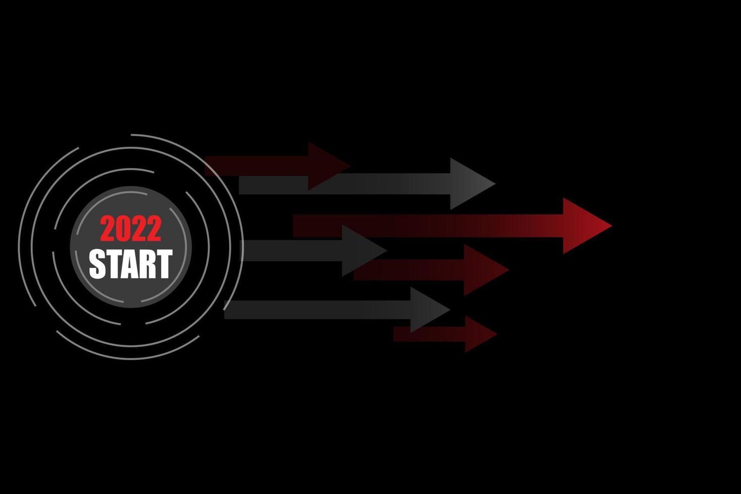 concepto de año nuevo. Inicio de botón 2022 y flecha sobre fondo negro. puesta en marcha y puesta en marcha de empresas. se abren nuevas ideas. estrategia y plan en dos mil veintidós. vector