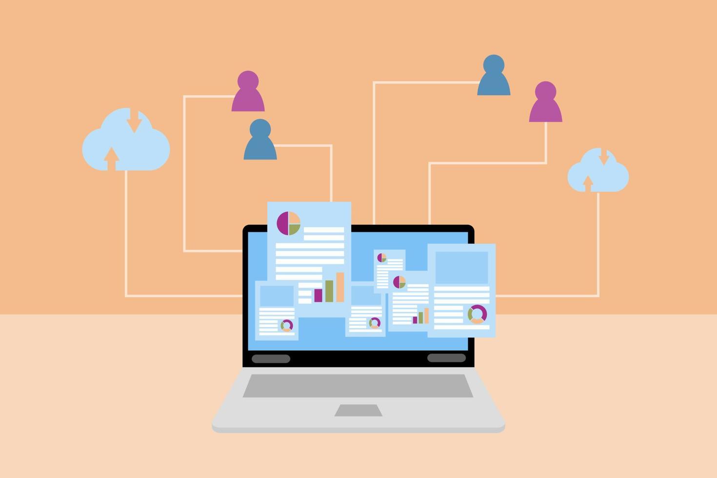 Webinar or e-learning concept. Laptop and cloud storage data icon, pink and blue person icon on orange background. Internet connection for meeting and study online. Work and study from home. vector