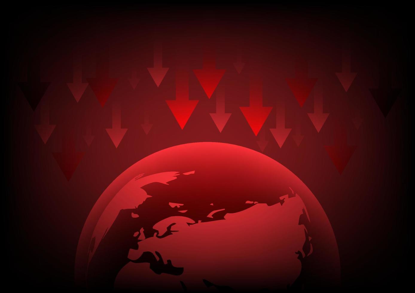 Red arrow drop arrow down with world map on red background. Money losing. Stock crisis and finance concept. vector
