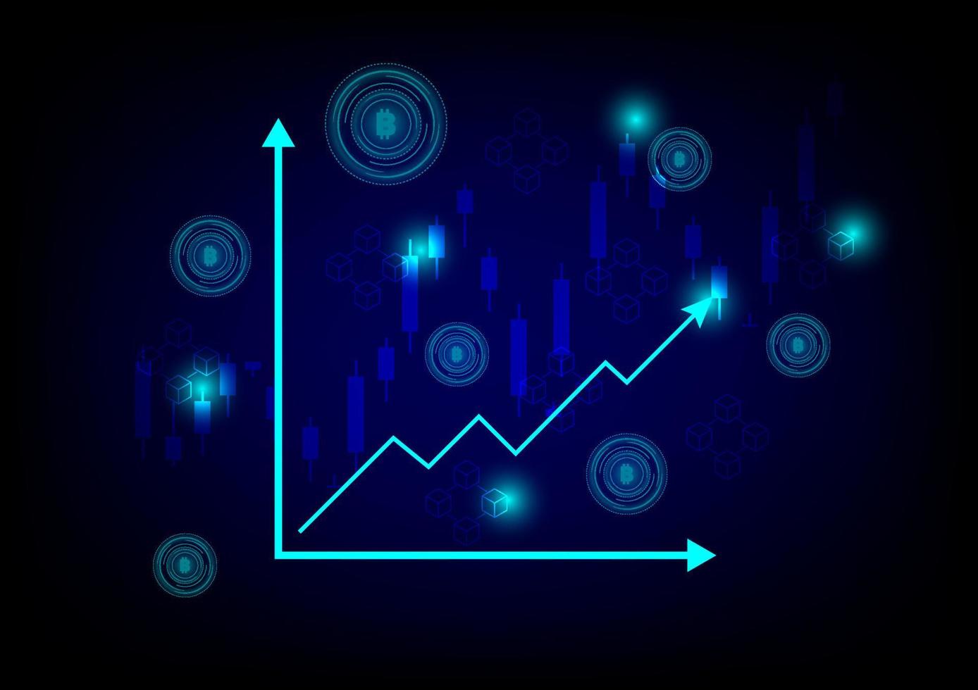 concepto de negocio y tecnología. gráfico de líneas y velas con moneda criptográfica y tecnología blockchain sobre fondo negro. mercado alcista vector