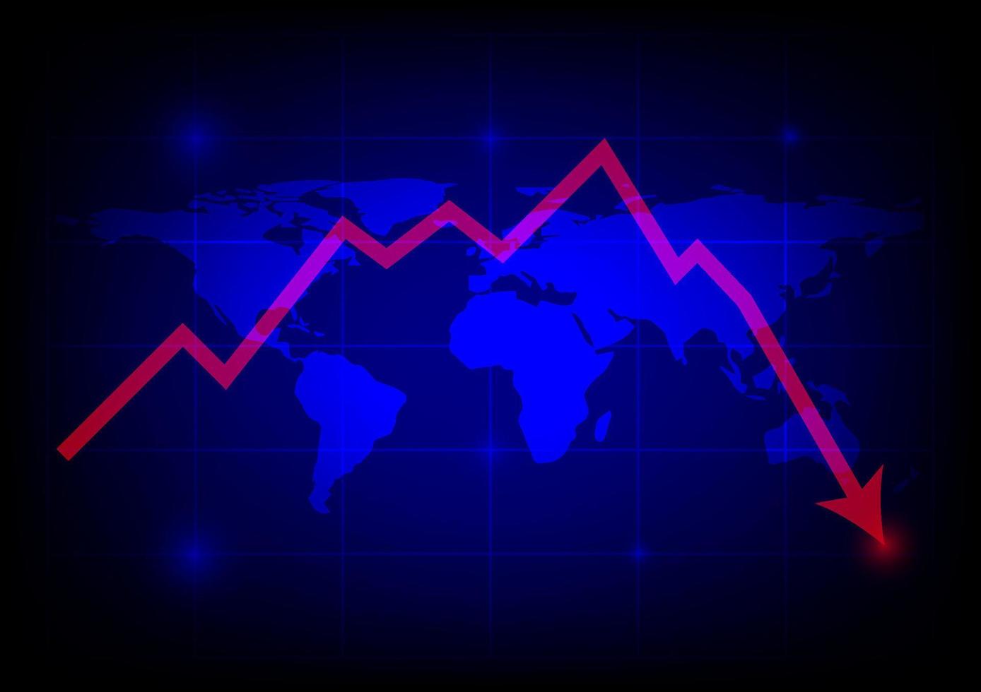 flecha desplegable de gráfico rojo hacia abajo con mapa mundial sobre fondo de tecnología azul. perdiendo dinero concepto de crisis y finanzas bursátiles. vector