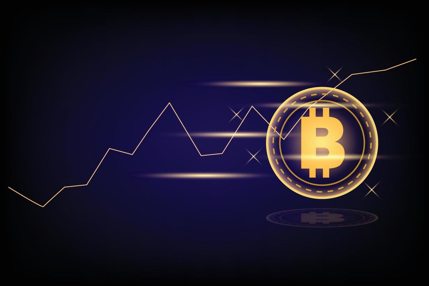 Business and technology concept. Cryptocurrency coin and yellow growing line graph on dark black background. Big data information exchanges digital currency and online payment. vector