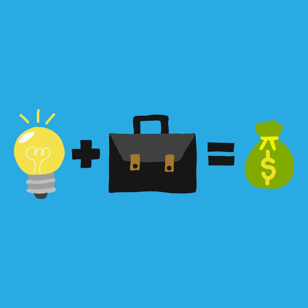 idea y trabajar duro para ganar dinero. bombilla de luz amarilla con bolsa de negocios negra plus y negra y bolsa de dinero verde sobre un fondo azul. vector