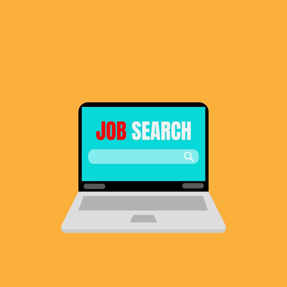 Job search concept. Laptop with red job and white search on screen and orange background. vector