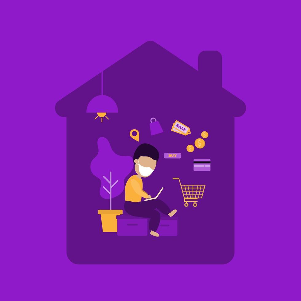 Man quaratine at home wear facial mask and shopping from laptop on purple background. Shopping online concept. vector