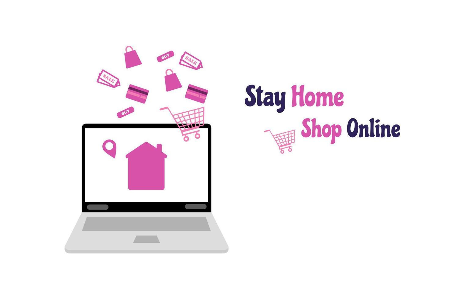 Stay home and shop online concept. Pink house on screen of laptop, creadit card, shopping cart and bag, on white background. Quarantine to save life from corona virus. vector